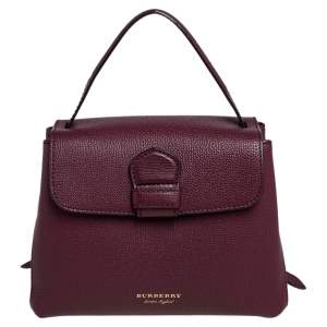 Pre Owned Burberry Burgundy/Beige Leather and House Check Canvas Small Camberley Top Handle Bag