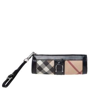 Pre Owned Burberry Beige/Black Nova Check PVC And Leather Wristlet Clutch