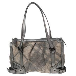 Pre Owned Burberry Beige/Metallic Grey Fabric Check and Leather Pilgrim Tote