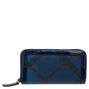 Burberry Blue Check Coated Canvas and Patent Leather Zip Around Wallet