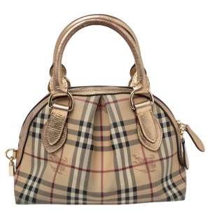 Burberry Beige/Metallic Gold Haymarket Check PVC and Leather Thornley Bowler Bag