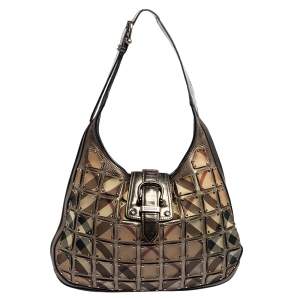 Pre Owned Burberry Metallic/Beige Nova Check PVC And Leather Studded Brooke Warrior Hobo