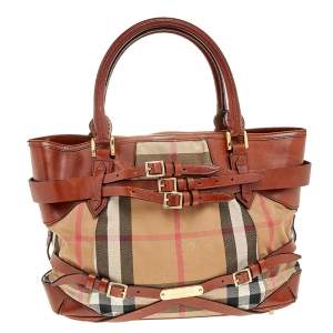 Burberry Brown/Beige House Check Canvas and Leather Medium Bridle Lynher Tote