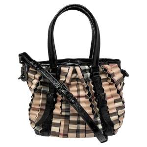 Burberry Black/Beige House Check PVC and Patent Leather Cartridge Pleat Tote