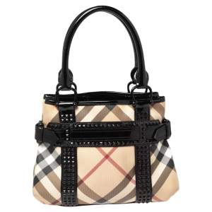 مملوكة مسبقًا حقيبة يد بربري مرصعة جلد لامع وكانفاس مقوى كاروهات نوفا بيج/ أسود