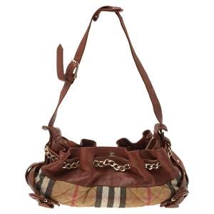Pre Owned Burberry Beige/Brown Nova Check Canvas And Leather Warrior Hobo