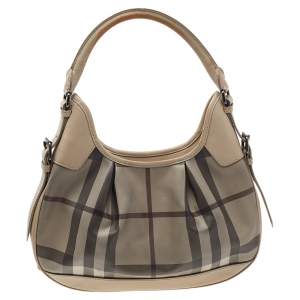 Pre Owned Burberry Beige Smoke Check PVC And Leather Small Brooklyn Hobo