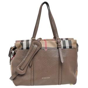 Burberry Beige/Brown Mason House Check Canvas And Leather Diaper Tote