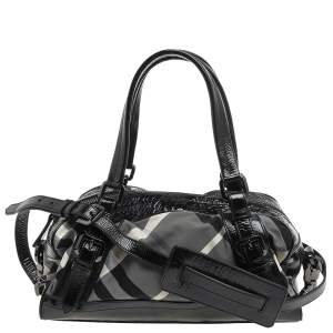 Burberry Black/Grey Beat Check Nylon And Patent Leather Satchel