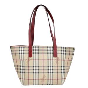 Burberry Red/Beige Haymarket Check Coated Canvas And Leather Tote