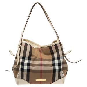 Burberry White/Beige House Check Canvas and Leather Medium Canterbury Tote