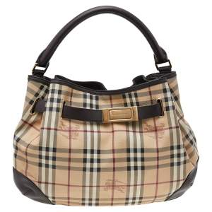 Pre Owned Burberry Beige/Brown Haymarket Check Coated Canvas And Leather Medium Willenmore Hobo