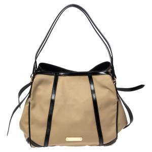 Pre Owned Burberry Khaki/Black Canvas And Leather Hobo