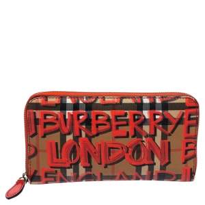 Burberry Red Graffiti Print Check Coated Canvas Zip Around Wallet