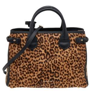 Burberry Black/Brown Leopard Print Calfhair, Leather And House Check Canvas Medium Banner Tote