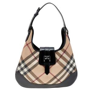 Pre Owned Burberry Beige/Black Super Nova Check PVC And Patent Leather Brooke Hobo