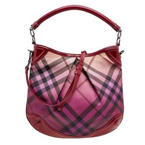Pre Owned Burberry Raspberry Gradient Supernova Check Coated Canvas And Patent Leather Hobo