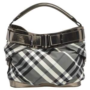 مملوكة مسبقًا Burberry Metallic/Black Beat Check Nylon and Glossy Leather Buckle Shoulder Bag