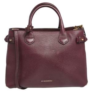Burberry Burgundy Leather and House Check Canvas Medium Banner Tote