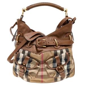 Burberry Brown House Check Canvas and Leather Front Pocket Hobo