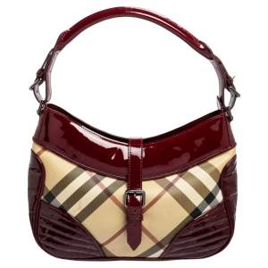 Pre Owned Burberry Burgundy/Beige Nova Check PVC and Patent Leather Hobo