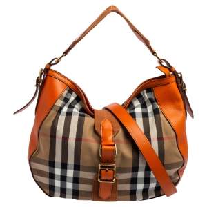 Pre Owned Burberry Orange/Beige Nova Check Canvas and Leather Buckle Hobo