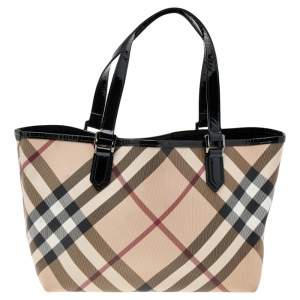 Burberry Beige/Black Supernova Check Coated Canvas and Patent Leather Nickie Tote