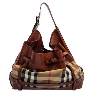 مملوكة مسبقًا Burberry Brown House Check Canvas and Leather Bridle Hobo