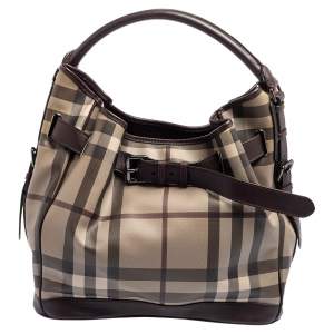 Pre Owned Burberry Brown Smoked Check Coated Canvas and Leather Walden Hobo