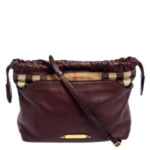 Burberry Burgundy House Check Canvas and Leather Little Crush Shoulder Bag