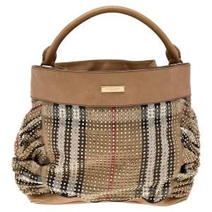 Pre Owned Burberry Beige House Check Canvas and Leather Studded Hobo