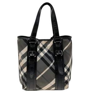 Pre Owned Burberry Black Beat Check Nylon And Patent Leather Victoria Tote