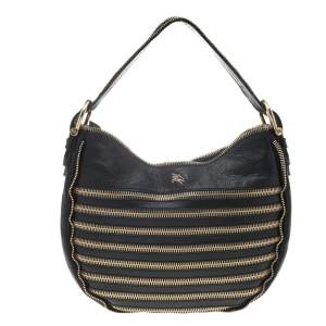 Pre Owned Burberry Black Leather Zipped Detail Malika Hobo