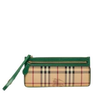 Pre Owned Burberry Beige/Green Haymarket Check PVC and Leather Wristlet Clutch