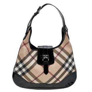 Pre Owned Burberry Beige/Black Super Nova Check PVC And Patent Leather Brooke Hobo
