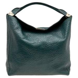 Pre Owned Burberry Dark Green Grain Leather Lindburn Hobo