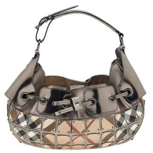 Pre Owned Burberry Metallic Grey/Beige Nova Check Coated Canvas And Patent Leather Small Warrior Hobo
