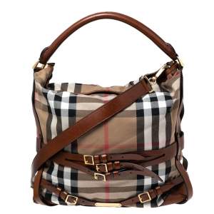 Pre Owned Burberry Brown House Check Canvas Medium Bridle Gosford Hobo