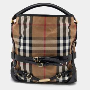 Pre Owned Burberry Beige/Black House Check Canvas and Leather Medium Bridle Gosford Hobo