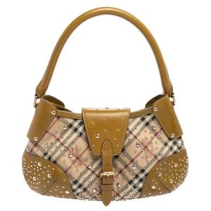 Pre Owned Burberry Apple Green Haymarket Check PVC and Leather Hackford Studded Hobo