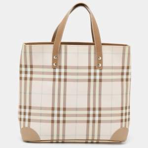 Pre Owned حقيبة يد بربري جلد وكانفاس مقوى بيج / وردية فاتحة كاروهات نوفا 