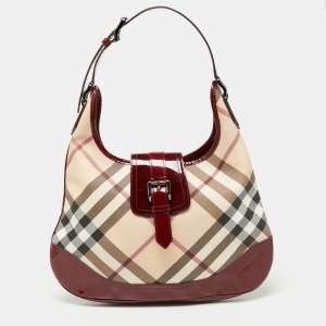 Pre Owned Burberry Red/Beige Nova Check PVC And Patent Leather Brooke Hobo