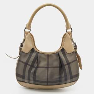 Pre Owned Burberry Beige Coated Canvas And Leather Small Brooklyn Hobo