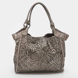 Burberry Metallic Taupe Laser Cut Leather and Coated Canvas Tote
