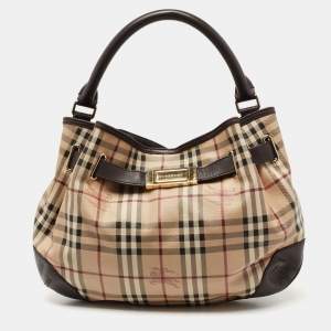 Pre Owned Burberry Brown/Beige Haymarket Check PVC and Leather Medium Willenmore Hobo