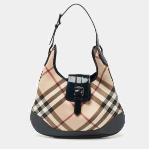 Pre Owned Burberry Blue/Beige Super Nova Check PVC And Patent Leather Brooke Hobo