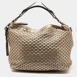 Pre Owned Burberry Metallic Woven Leather Hobo