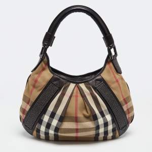 Pre Owned Burberry Black/Beige House Check Canvas and Leather Phoebe Studded Hobo