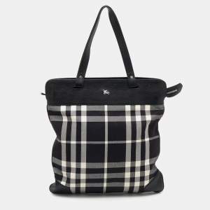 مملوكة مسبقًا حقيبة يد توتس بربري ستويل جلد وكانفاس كاروهات بيت أسود/أبيض 