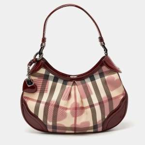 Pre Owned Burberry Red/Beige House Check Heart PVC and Patent Leather Brooklyn Hobo